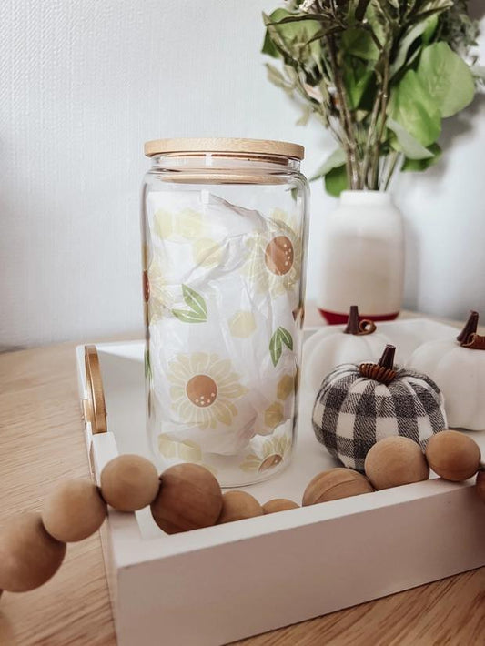 Sunflower Glass Cup with Bamboo Lid