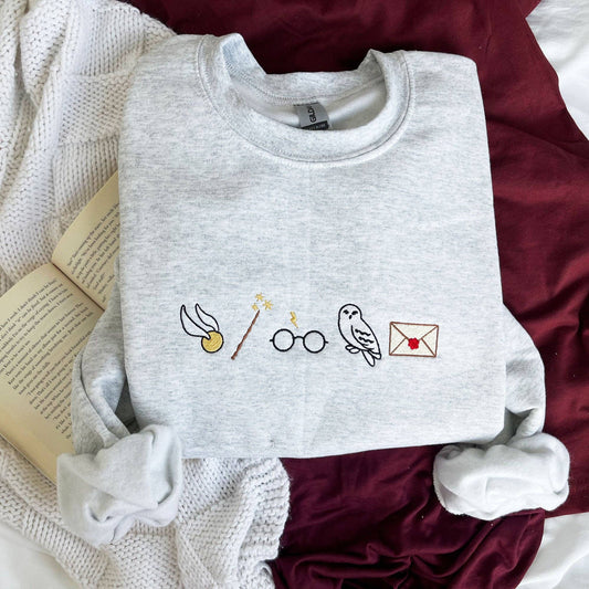 Embroidered Harry Potter Icons Crewneck Sweatshirt: 50/50 cotton/poly / XL / Ash