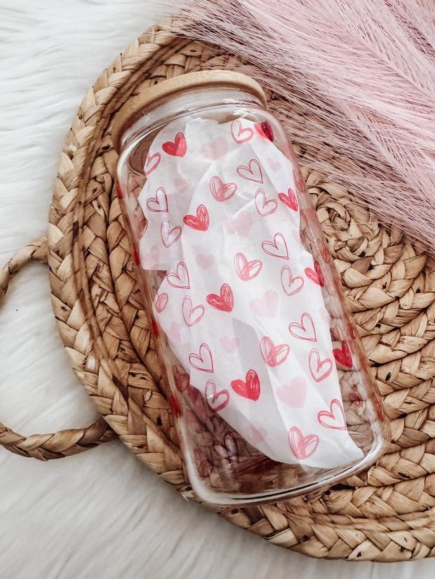 Red Hearts Glass Cup with Bamboo Lid