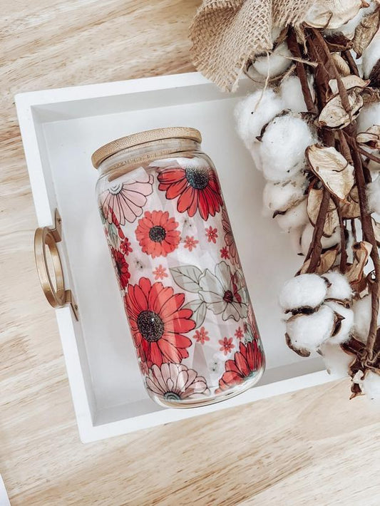 Red & Pink Floral Glass Cup with Bamboo Lid