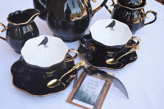 Black and Gold Crow Raven Teacup and Saucer