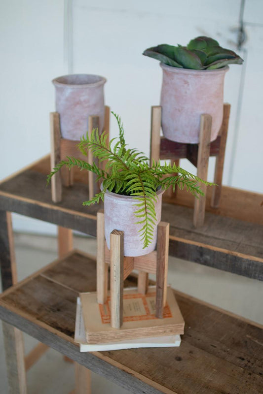 Pots, White Washed Clay w/ Wood Stand