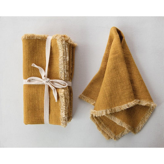 Square Linen Blend Napkin w/ Fringe Trim - Mustard