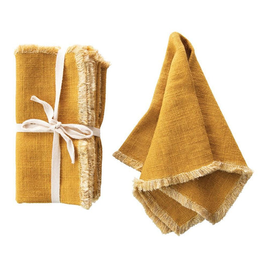 Square Linen Blend Napkin w/ Fringe Trim - Mustard