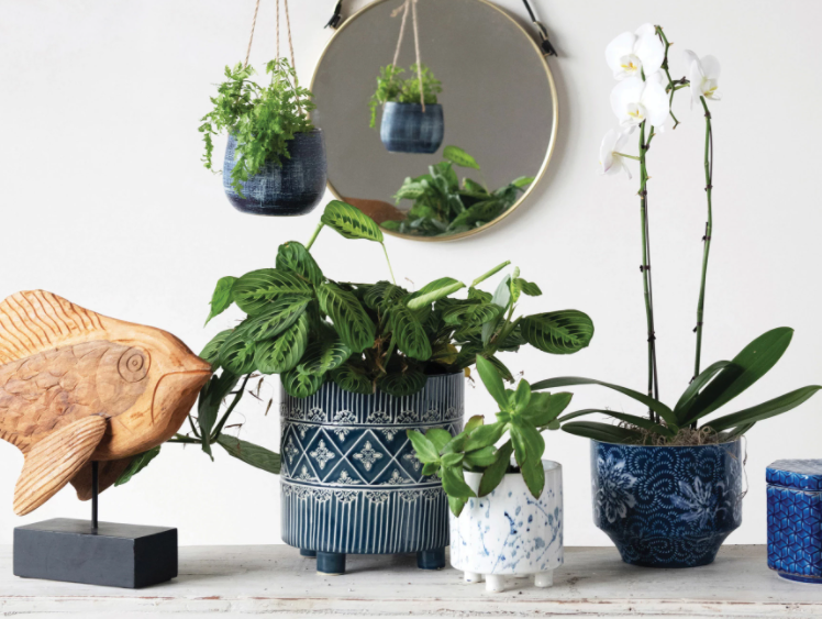 Footed Planter, Debossed Stoneware w/Pattern