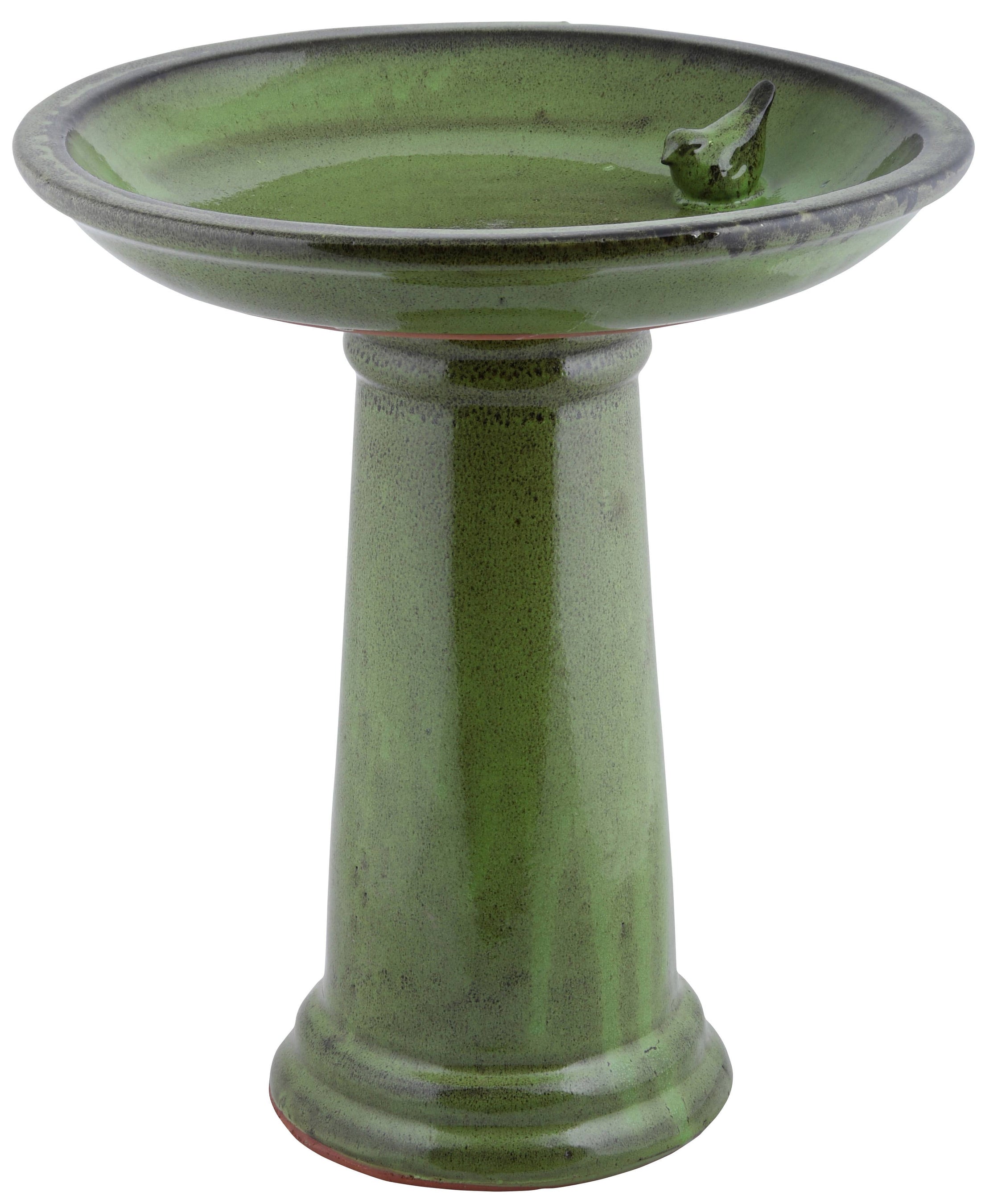 Bird Bath on Pedestal w/Bird, Ceramic, Green