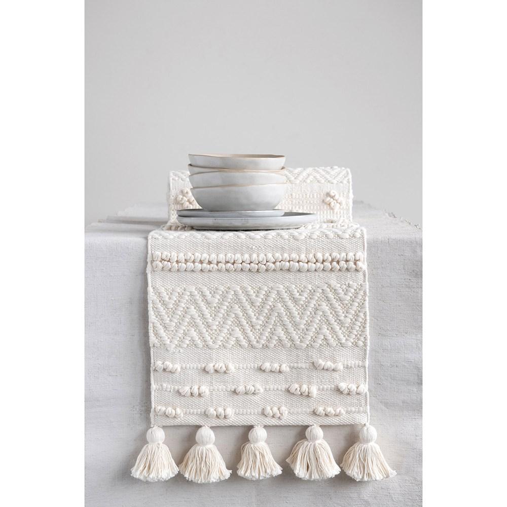 Woven Cotton Textured Table Runner w/ Pom Pom & Tassels