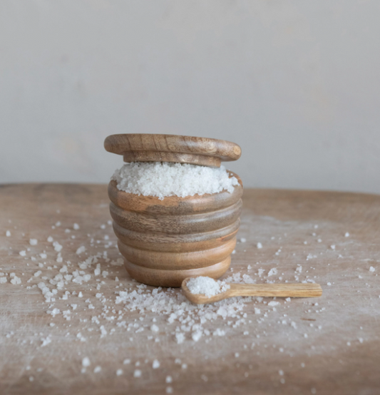 Salt Cellar, Carved Mango Wood w/Spoon