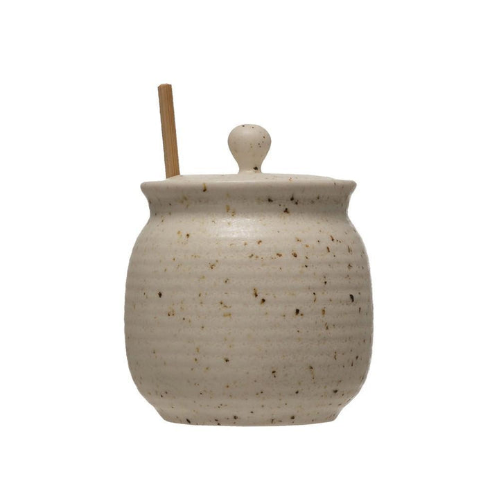 Stoneware Honey Jar w/ Wood Honey Dipper, Reactive Glaze, Beige w/ Speckle