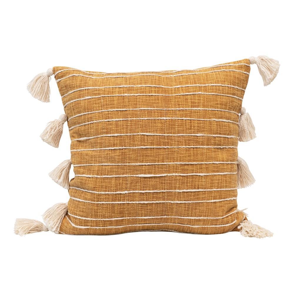 Square Cotton Woven Pillow w/Stripes & Tassels